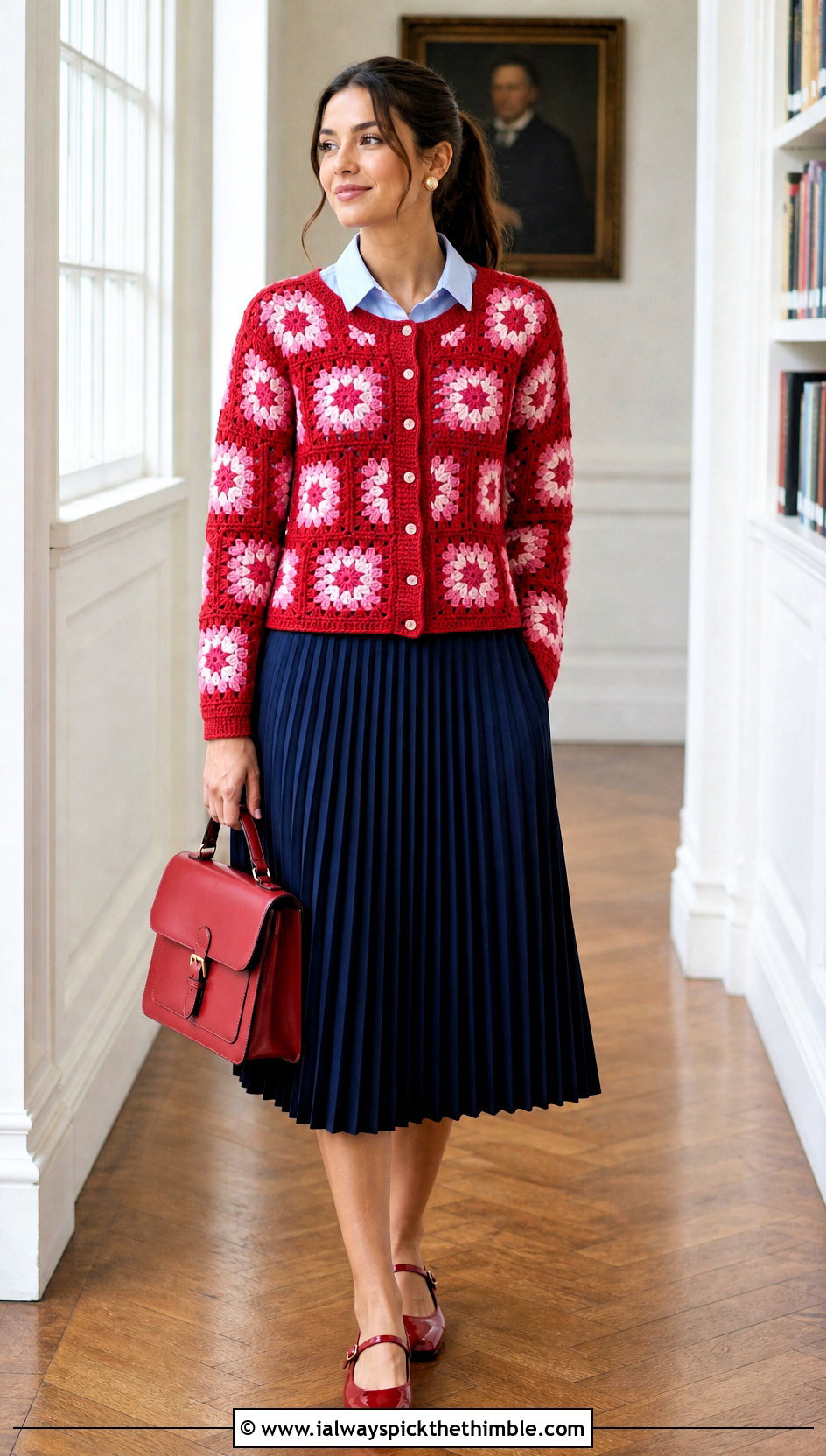 Buttoned Daisy Granny Square Cardigan With Pleated Midi Skirt - 20 Daisy Granny Square Cardigan outfit ideas