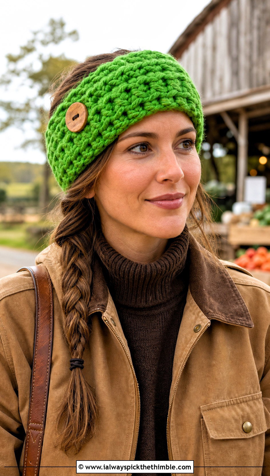 Buttoned Ear Warmer Bulky Yarn Crochet Headband With Barn Jacket - 20 bulky yarn crochet headband outfit ideas