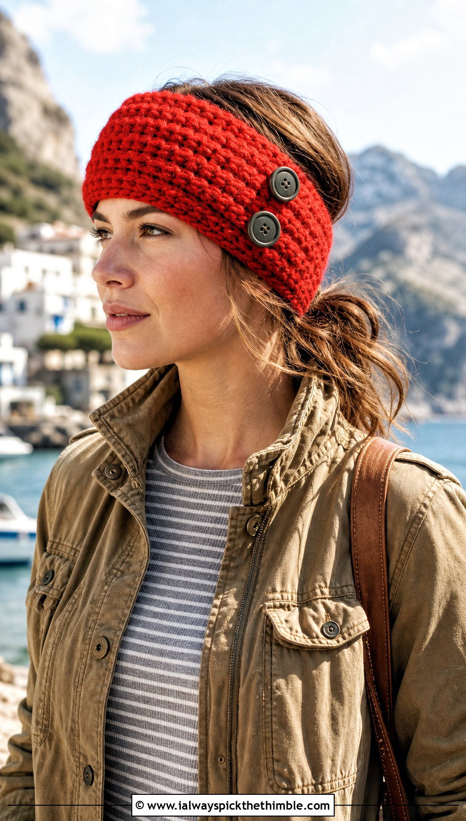 Buttoned Ear Warmer With Utility Jacket - 20 Easy Crocheted Headbands Ear Warmers outfit ideas