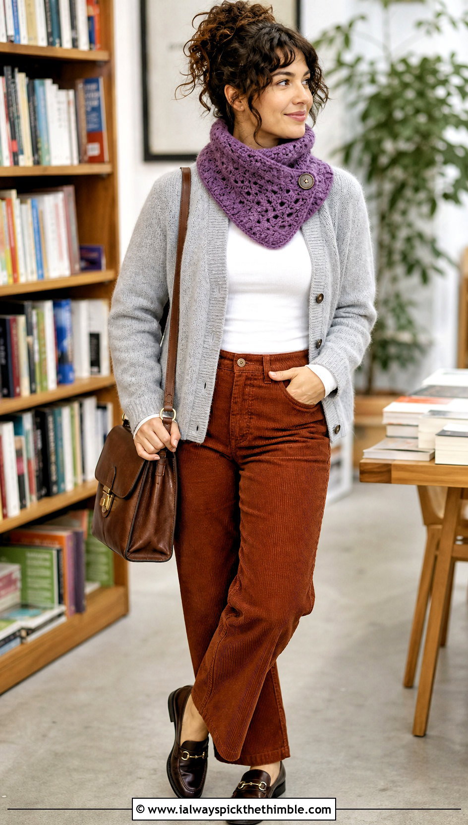 Buttoned Granny Square Cowl With Cardigan and Corduroy Pants - 20 Granny Square Cowl outfit ideas