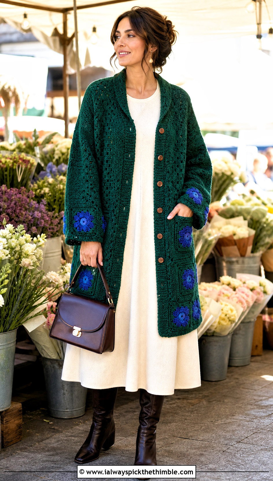 Buttoned Granny Square Pocket Shawl With A Line Dress - 20 Granny Square Pocket Shawl outfit ideas