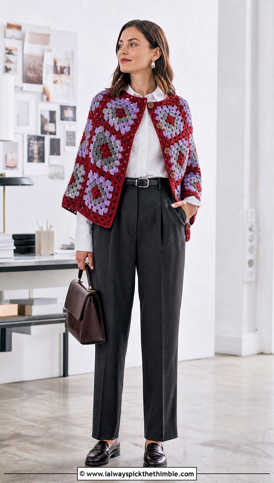 Buttoned Granny Square Poncho With Pleated Trousers - 20 Granny Squares Poncho outfit ideas