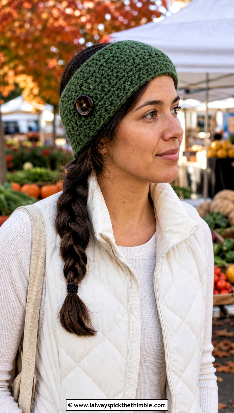 Buttoned Green Crochet Ear Warmer With Puffer Vest And Jeans - 20 green crochet headband outfit ideas