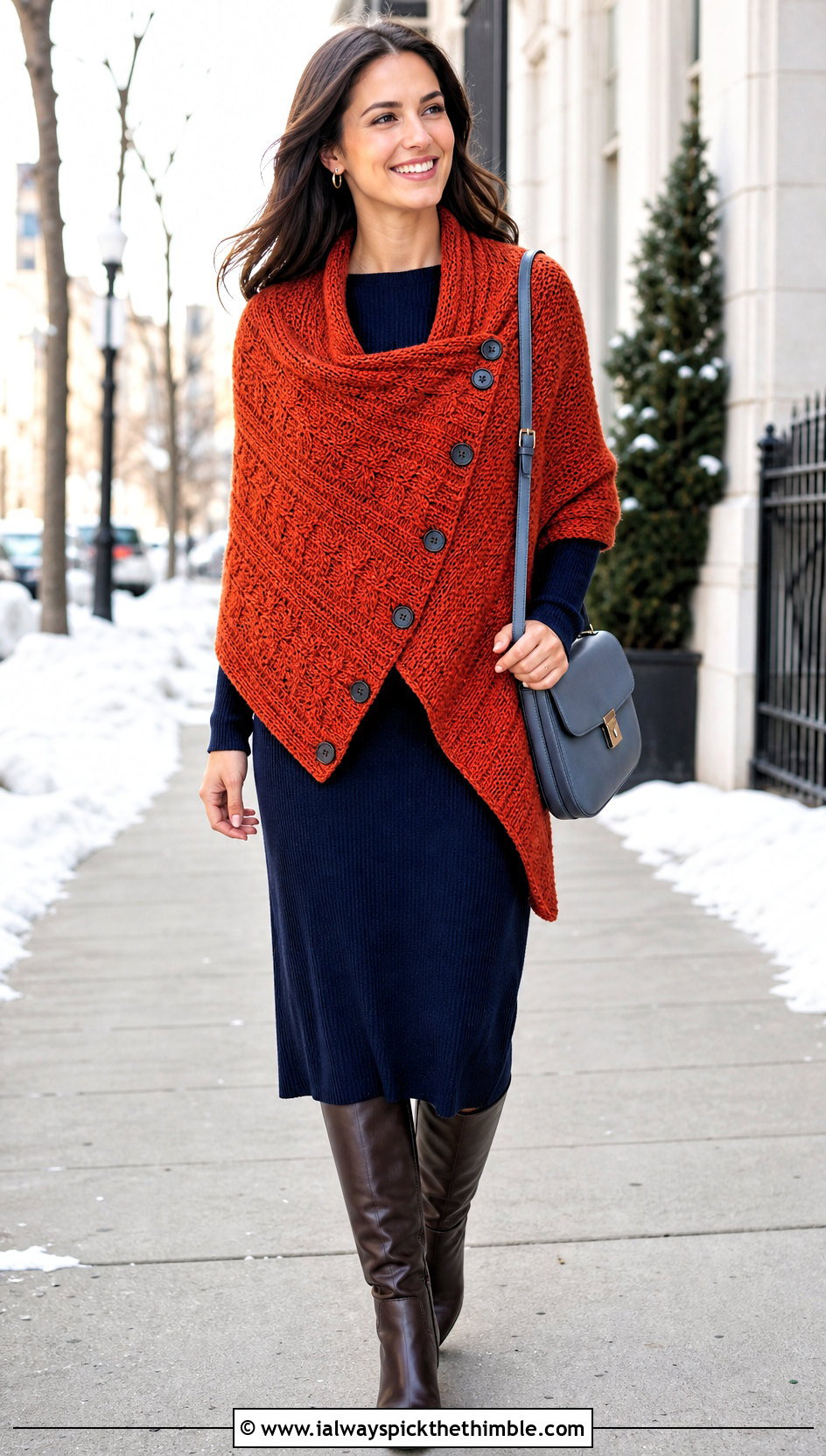 Buttoned Highlander Shawl With Knit Dress - 20 Crochet Highlander Shawl outfit ideas