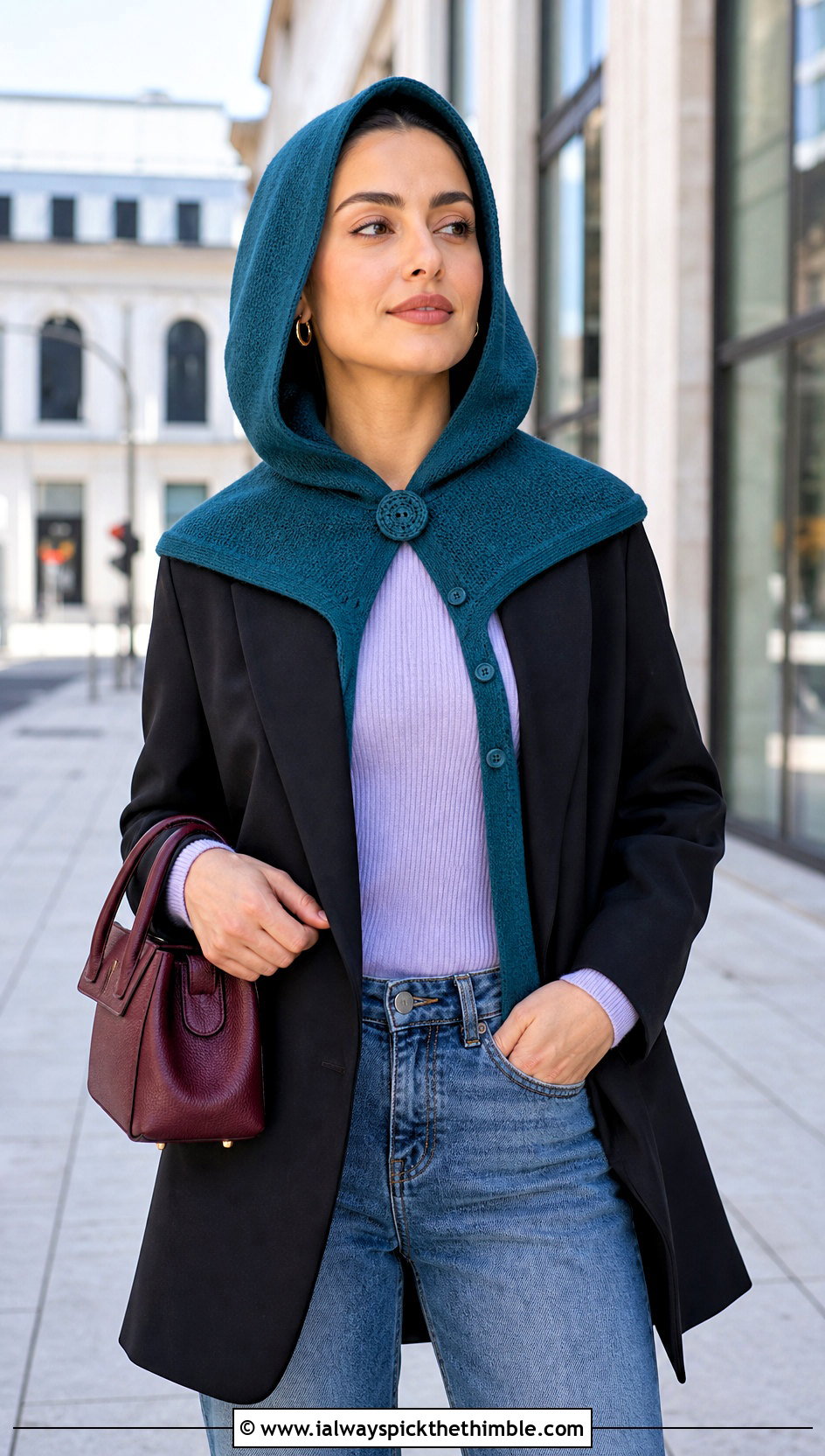 Buttoned Hood Scarf With Blazer And Jeans - 25 crochet hood scarf outfit ideas