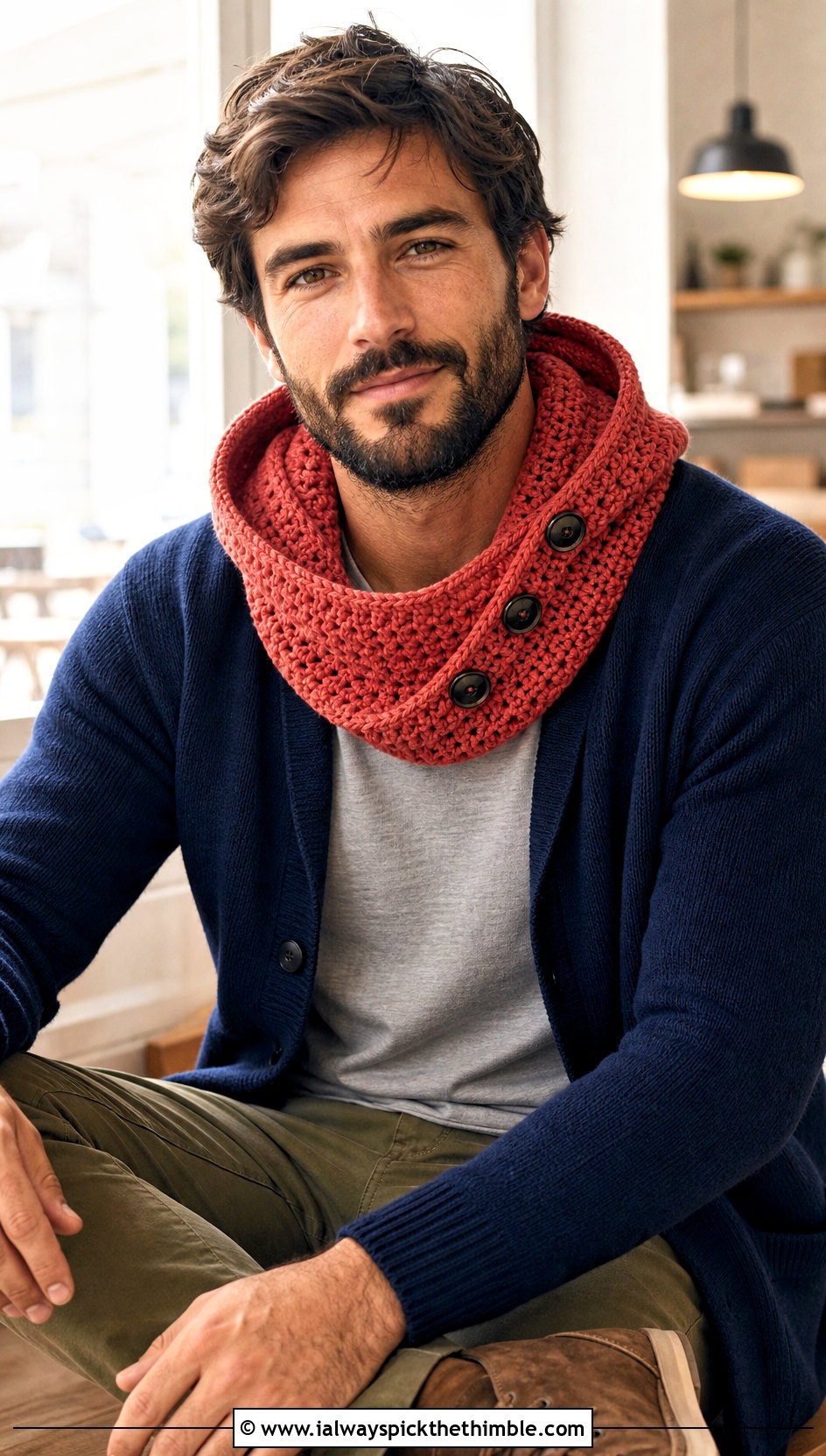 Buttoned Hooded Cowl Scarf With Cardigan - 20 Crochet Hooded Scarf For Men outfit ideas