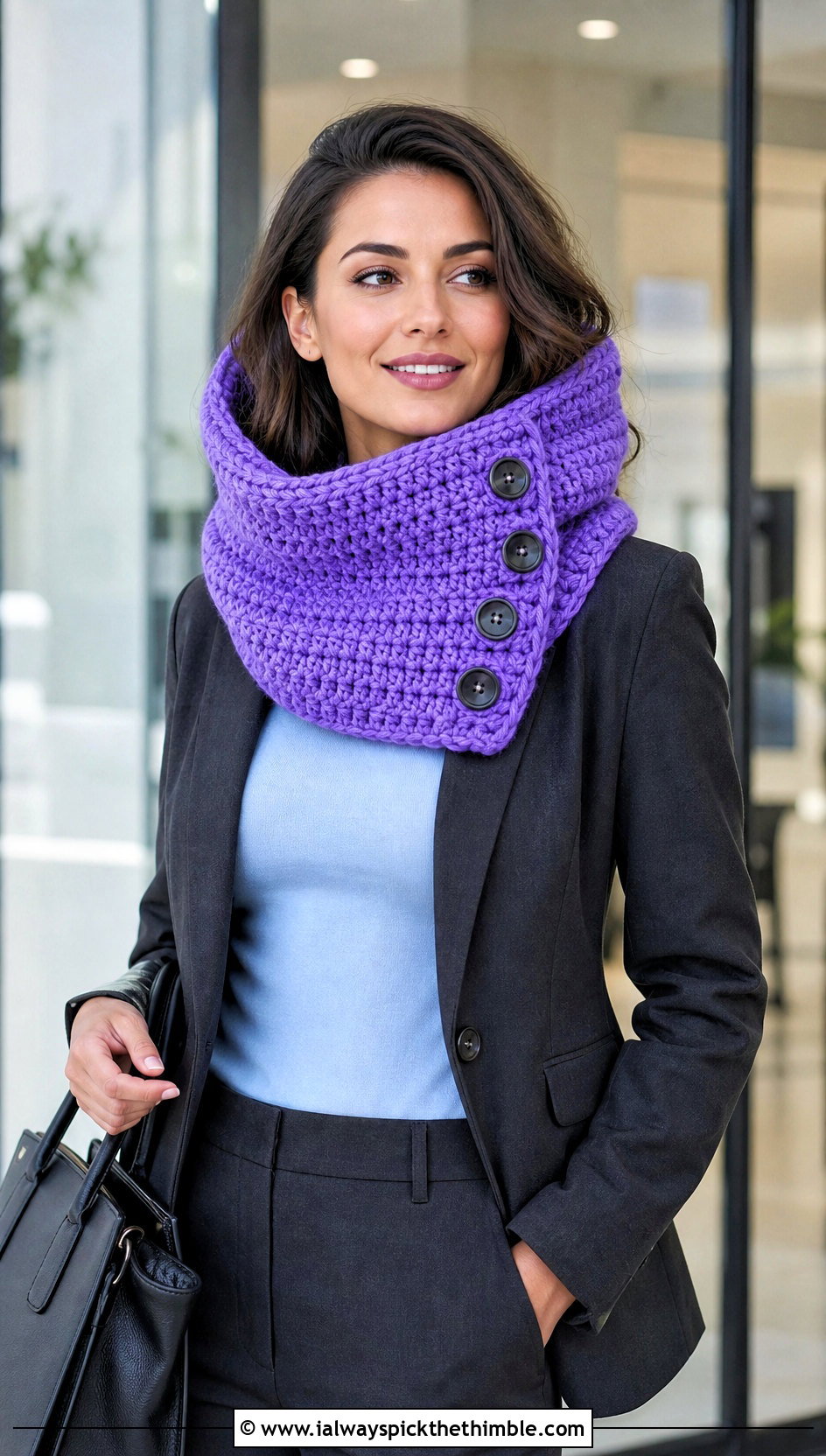 Buttoned Hooded Crochet Cowl Snood With Blazer And Trousers - 20 hooded crochet cowl snood outfit ideas