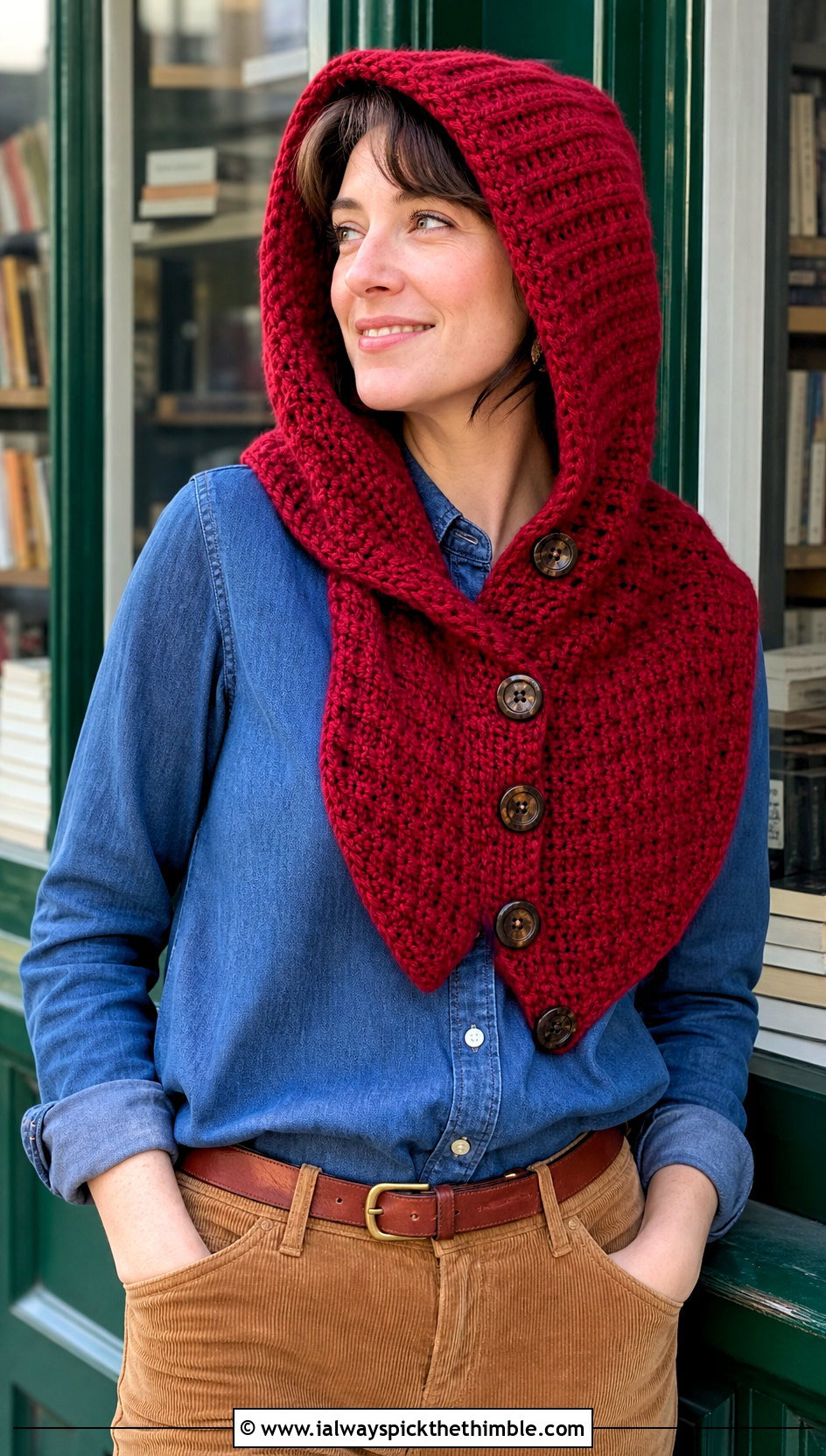 Buttoned Hooded Scarf With Denim Shirt And Corduroy Pants - 25 crochet hooded scarf outfit ideas