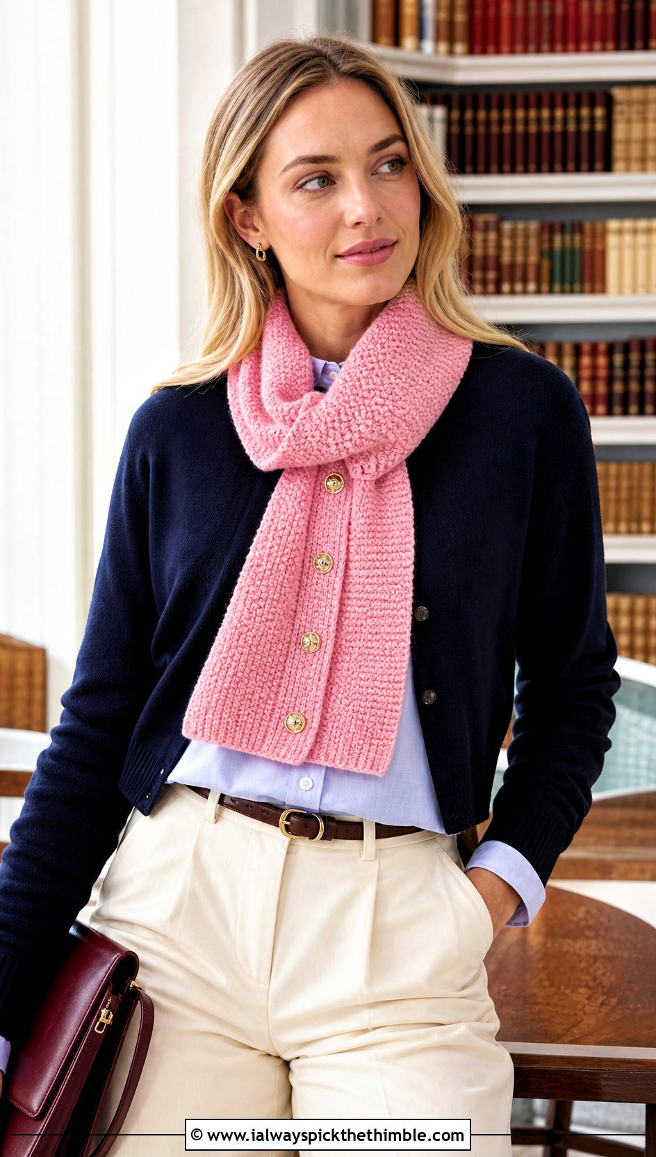 Buttoned Lemon Peel Stitch Scarf With Cardigan And Trousers - 20 Crochet Lemon Peel Stitch Scarf outfit ideas