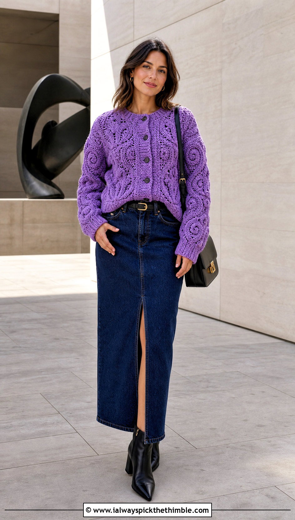 Buttoned Lightly Toasted Crochet Cardigan With Denim Maxi Skirt - 20 lightly toasted crochet cardigan outfit ideas