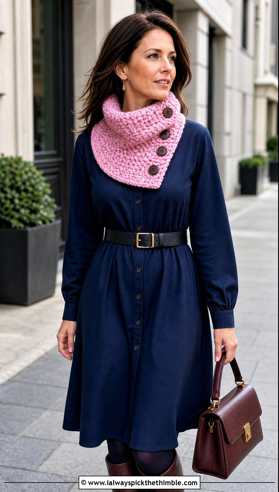 Buttoned Moss Stitch Crochet Cowl With Shirtdress And Knee High Boots - 15 Moss Stitch Crochet Cowl outfit ideas