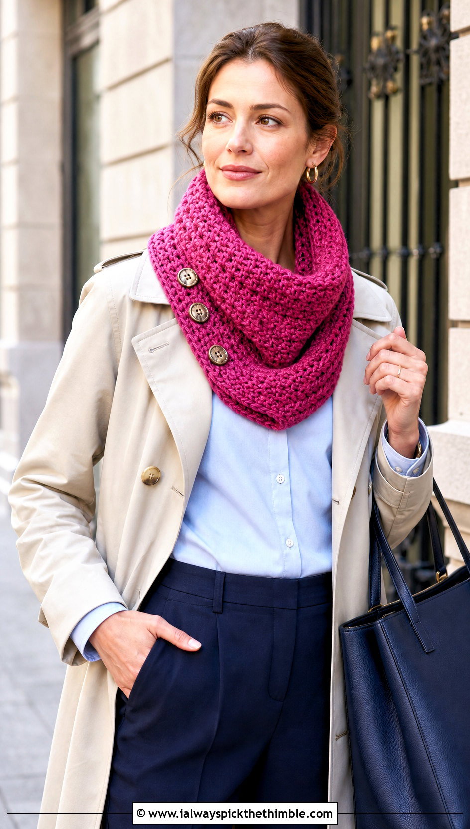 Buttoned Pink Crochet Cowl With Trench Coat - 15 pink crochet cowl outfit ideas