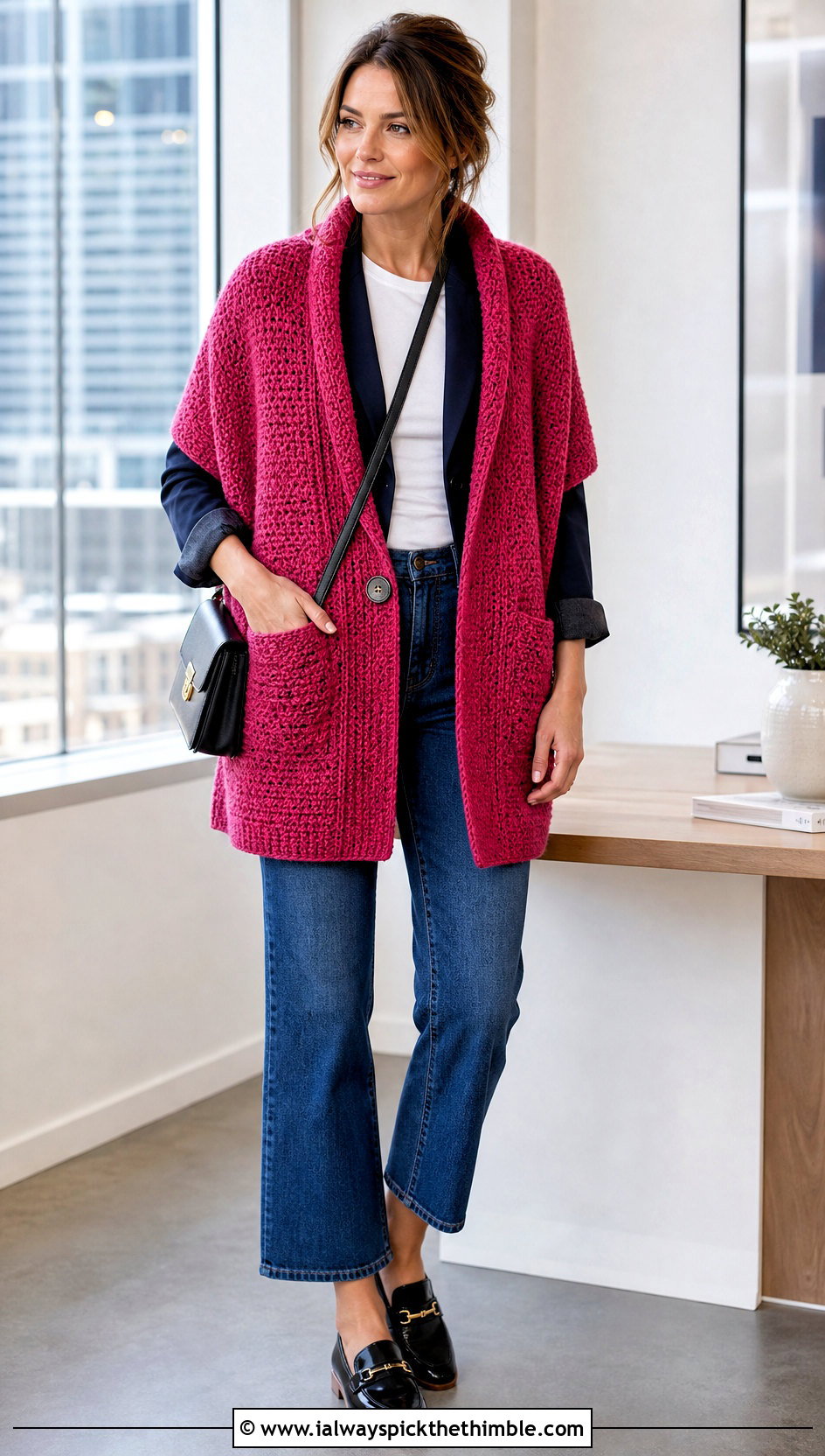 Buttoned Pocket Crochet Shawl With Blazer And Jeans - 15 Pocket Crochet Shawl outfit ideas