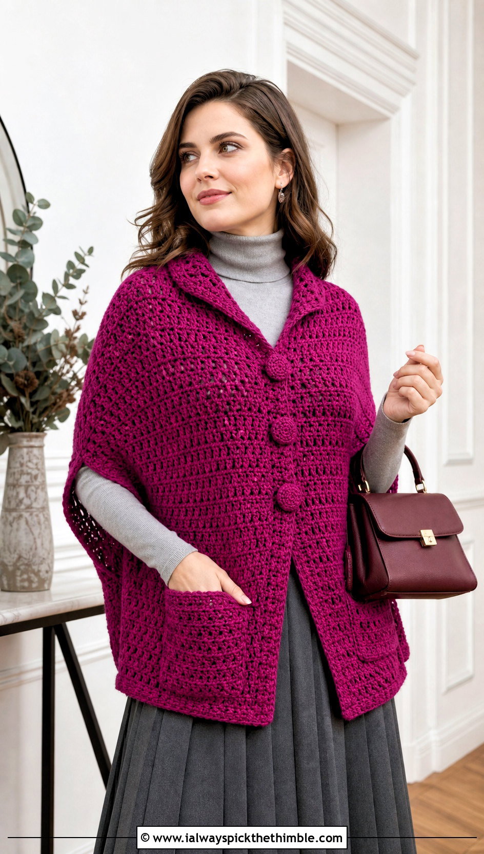 Buttoned Pocket Shawl With Pleated Midi Skirt - 20 Crochet Pocket Scarf Shawl outfit ideas