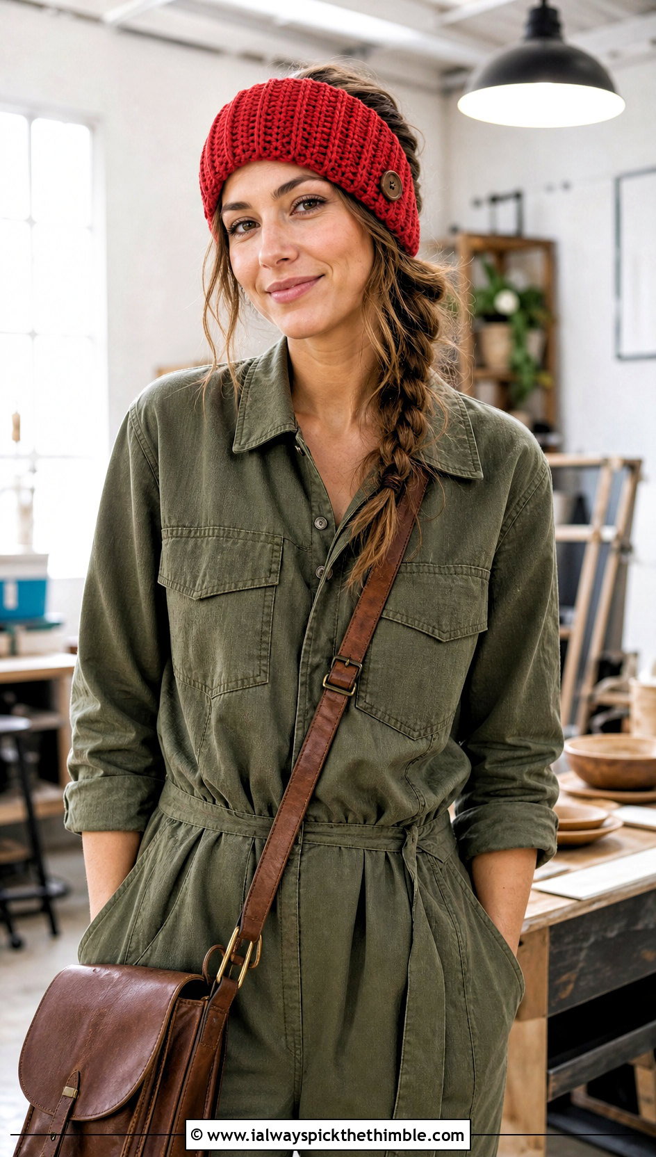 Buttoned Ribbed Crochet Headband With Utility Jumpsuit - 15 Cozy Ribbed Crochet Headband outfit ideas