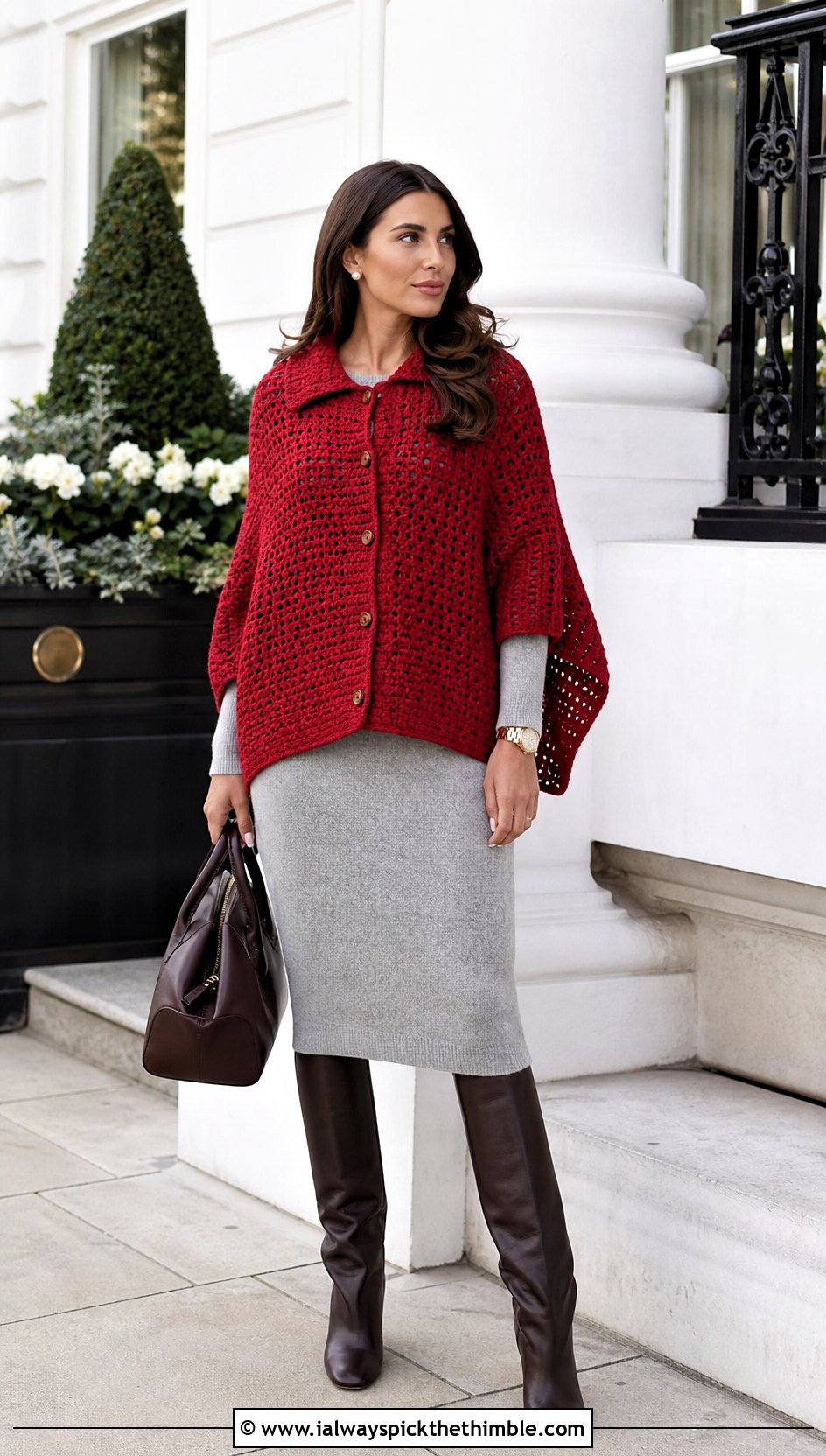 Buttoned Shawl Blanket Crochet Poncho With Sweater Dress - 15 Blanket Crochet Poncho outfit ideas