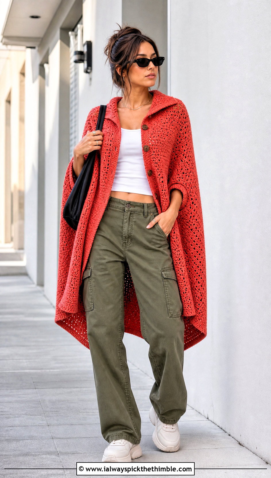 Buttoned Shawl Crochet Long Poncho With Cargo Pants - 15 Crochet Long Poncho outfit ideas