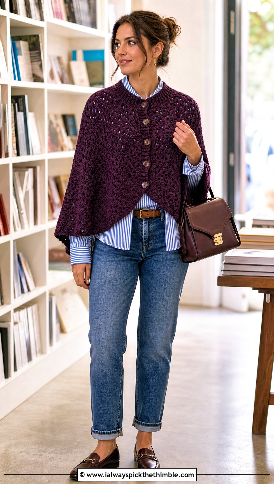 Buttoned Shawl Crochet Poncho Top With Straight Leg Jeans - 20 Crochet Poncho Top outfit ideas