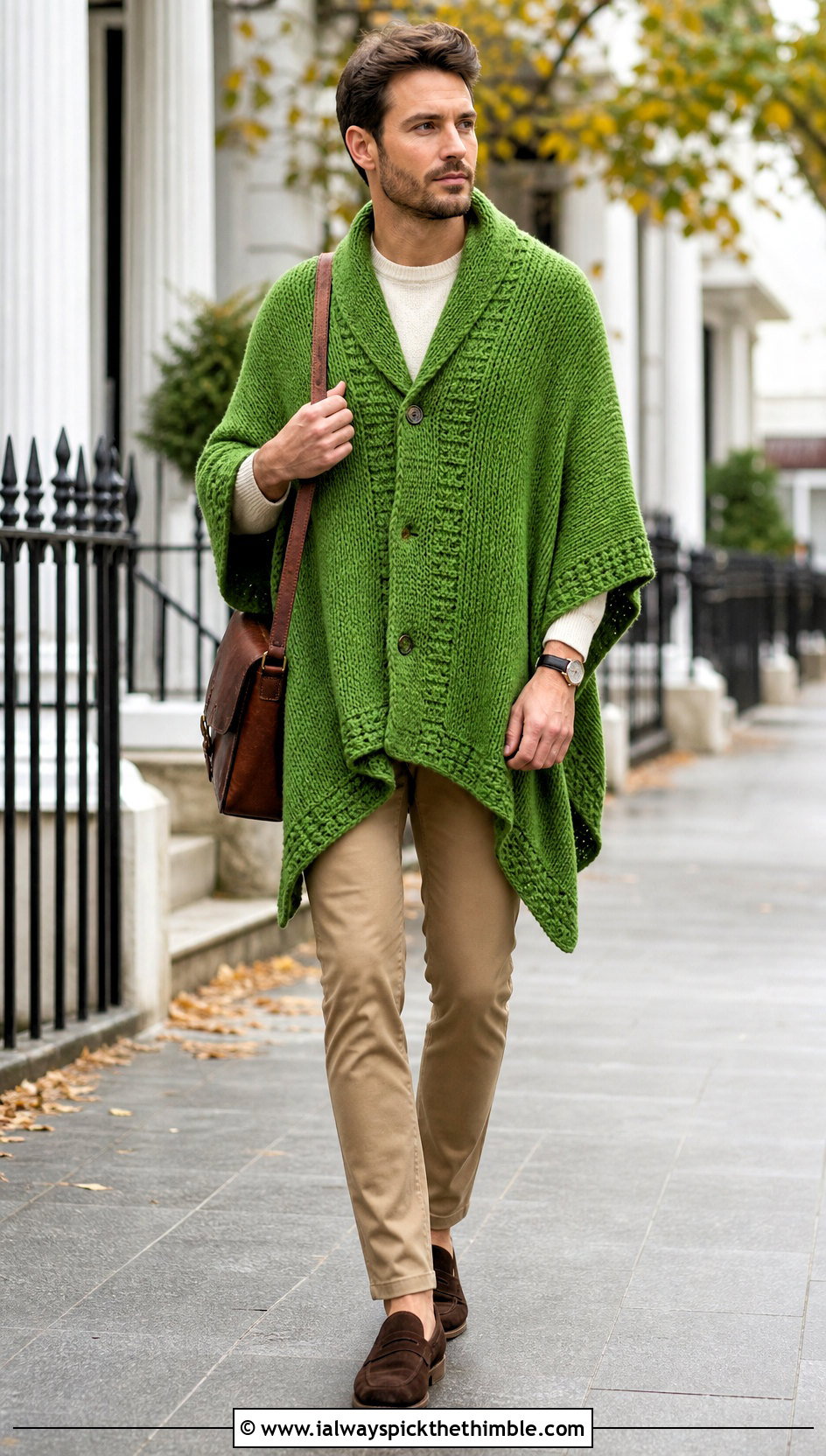 Buttoned Shawl Crochet Poncho With Chinos - 20 mens crochet poncho outfit ideas