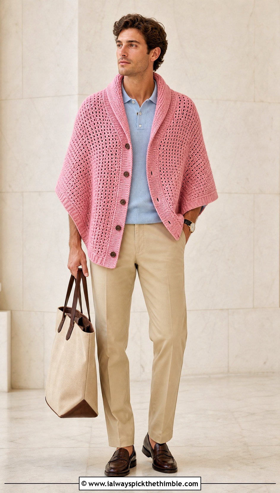 Buttoned Shawl Crochet Poncho With Chinos - 20 crochet men's poncho outfit ideas