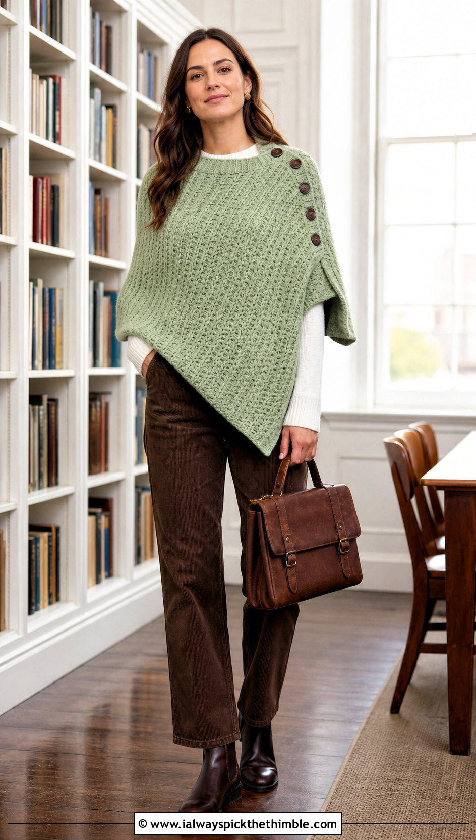 Buttoned Shawl Crochet Poncho With Corduroy Pants - 15 Winter Crochet Poncho outfit ideas