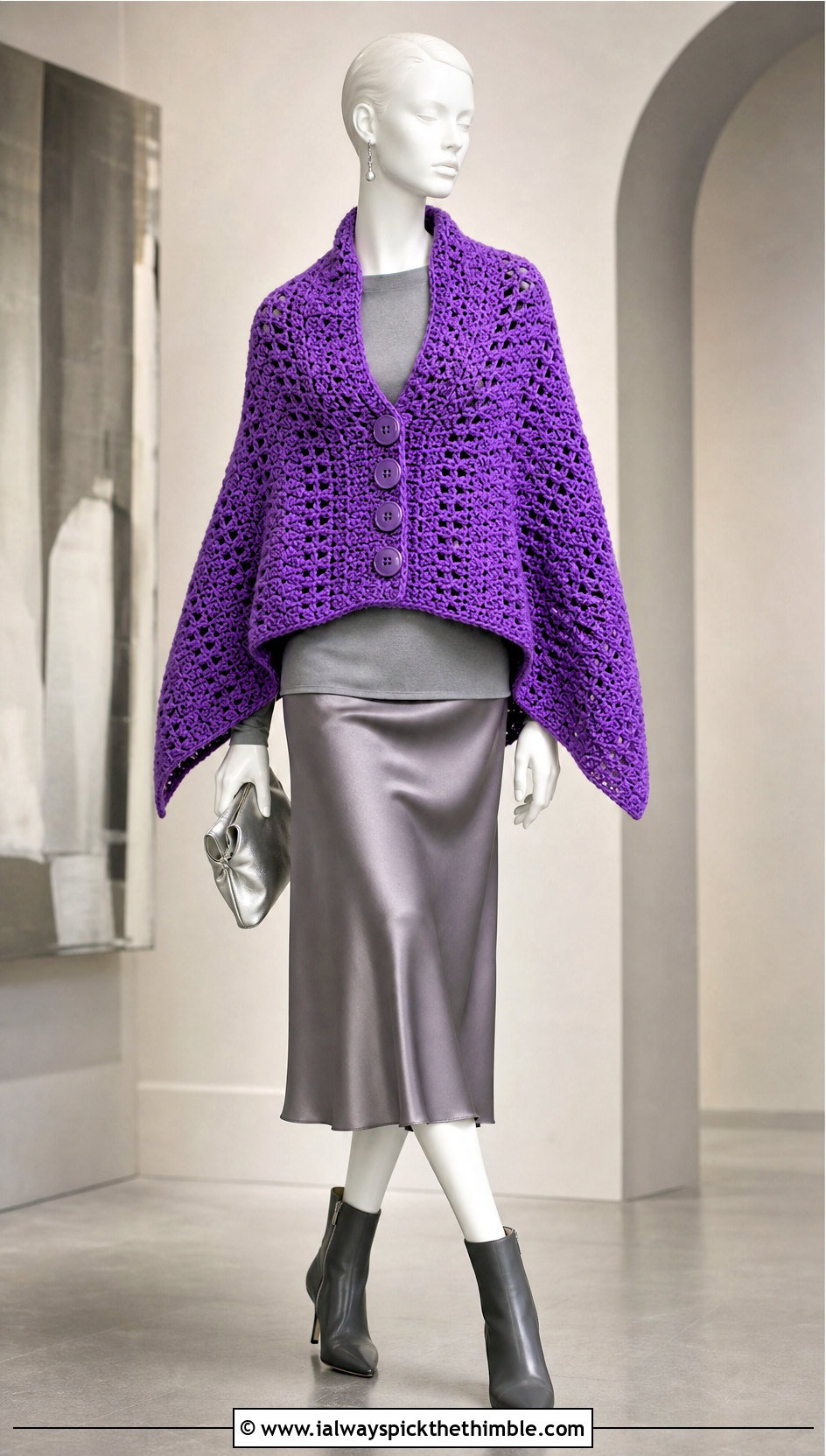 Buttoned Shawl Crochet Poncho With Satin Midi Skirt - 15 crochet poncho on mannequin outfit ideas
