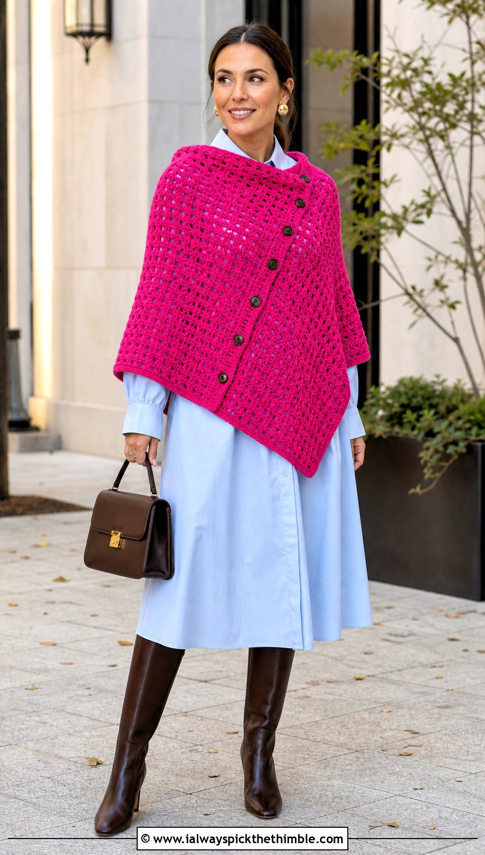 Buttoned Shawl Crochet Poncho With Shirt Dress - 15 Modern Crochet Poncho outfit ideas