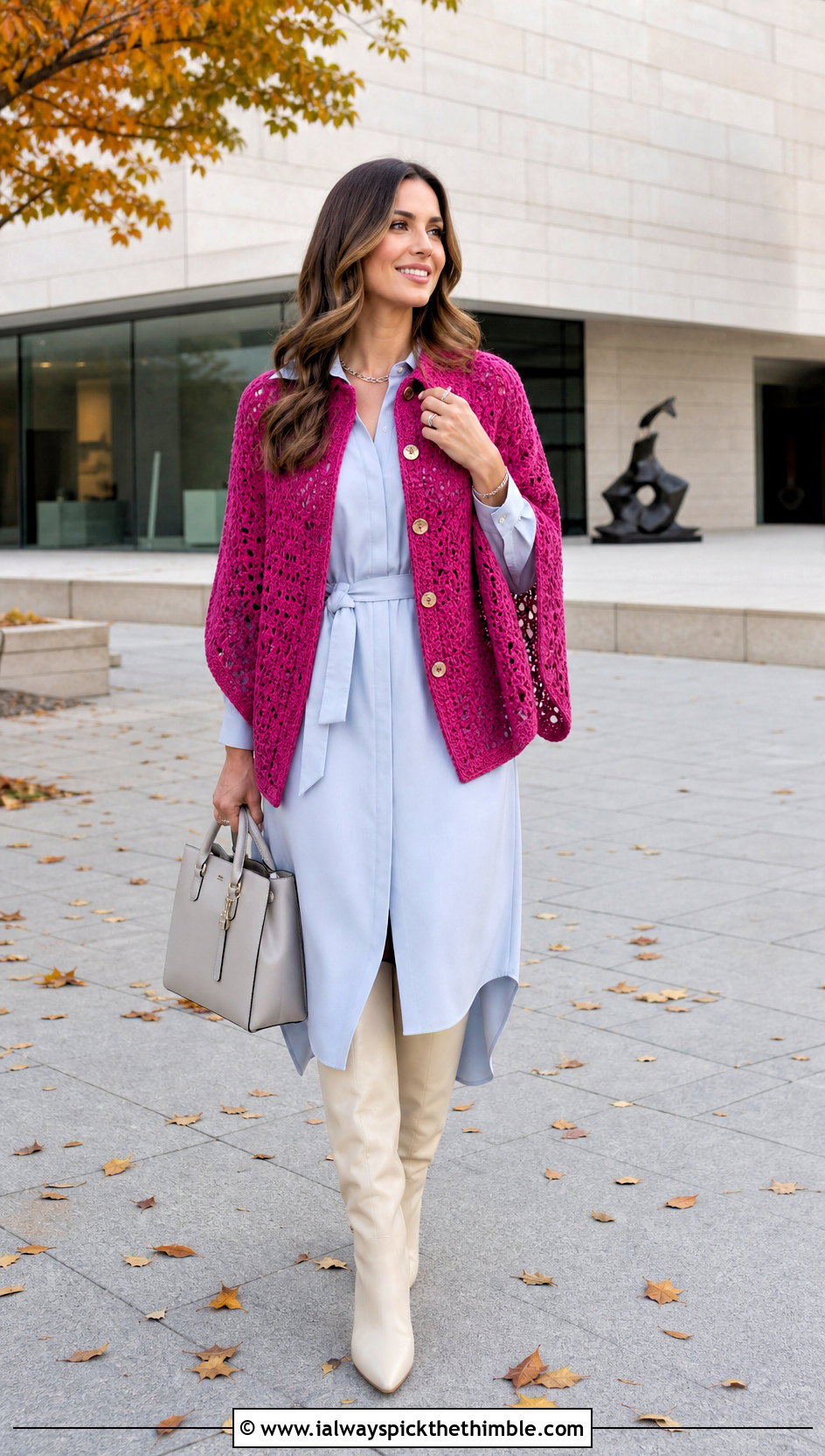 Buttoned Shawl Crochet Poncho With Shirt Dress - 20 ladies crochet poncho outfit ideas