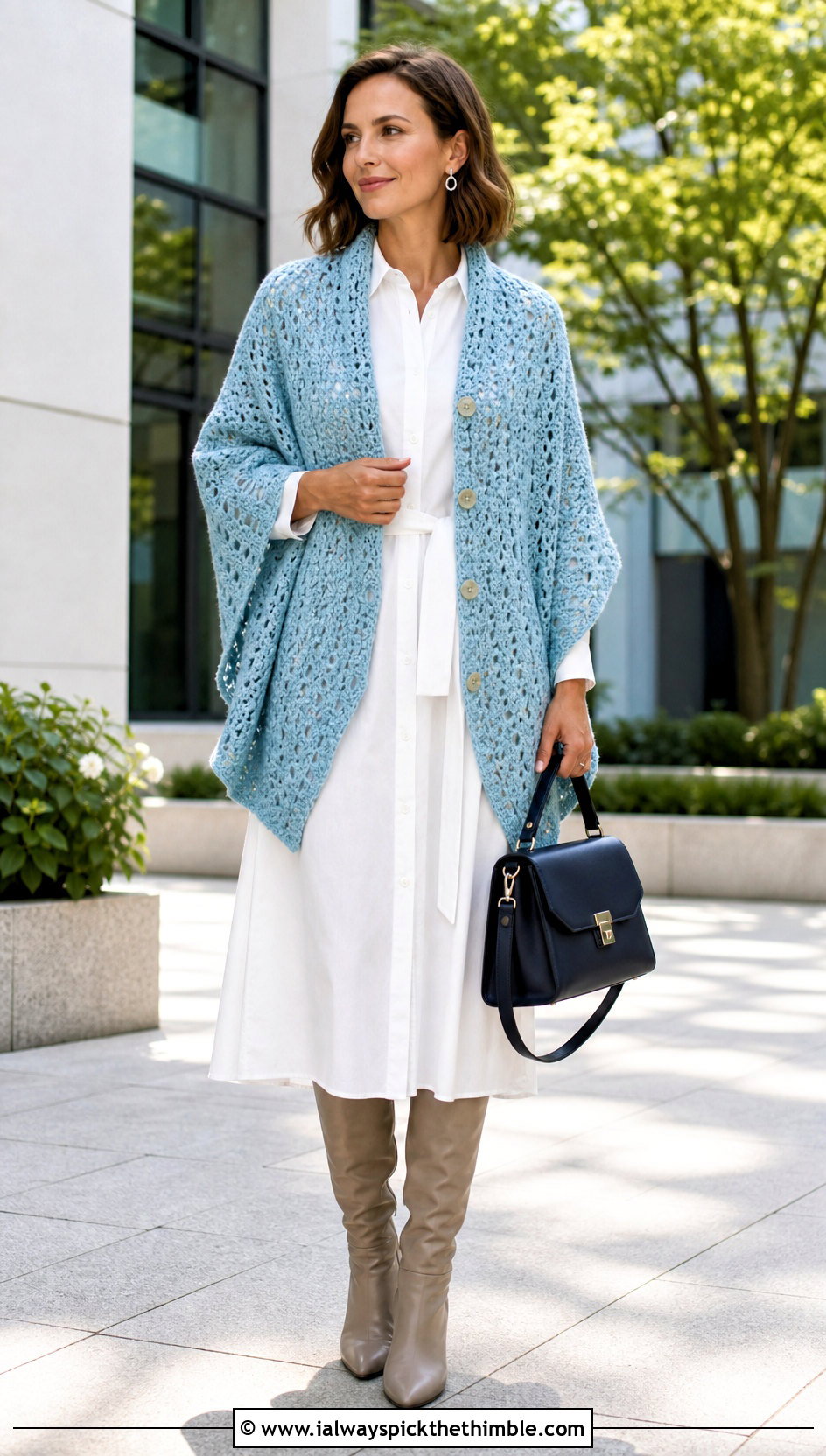 Buttoned Shawl Crochet Poncho With Shirt Dress - 15 Crochet Womens Poncho outfit ideas