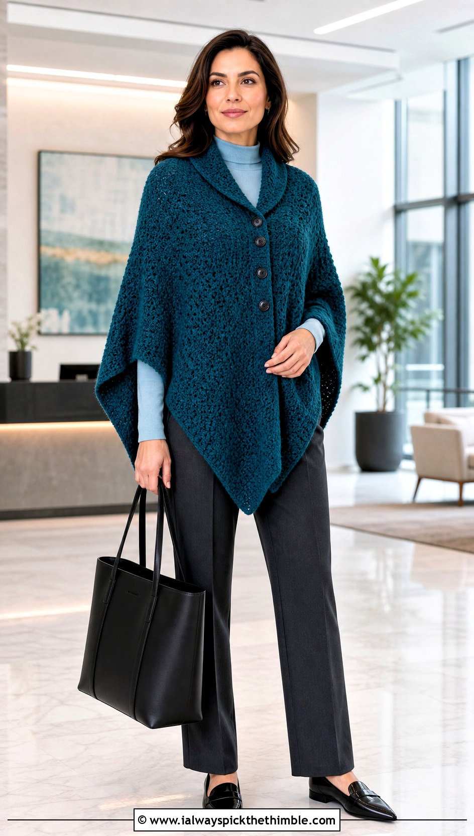 Buttoned Shawl Crochet Poncho With Tailored Trousers - 25 crochet ponchos outfit ideas