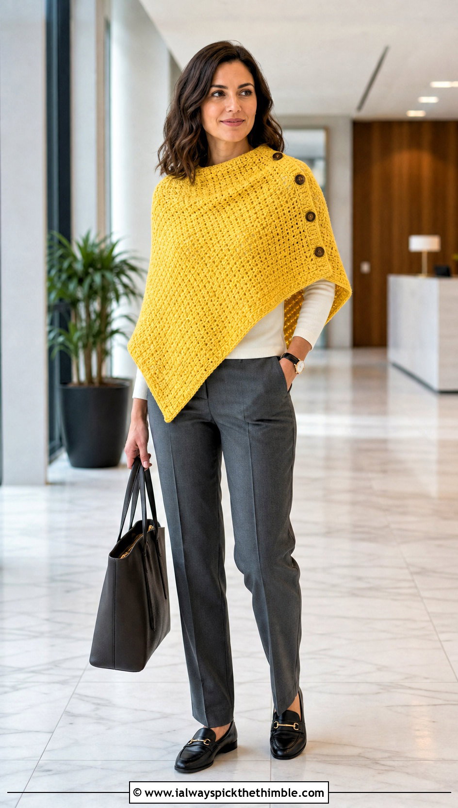 Buttoned Shawl Crochet Poncho With Tailored Trousers - 20 Crochet Fall Poncho outfit ideas