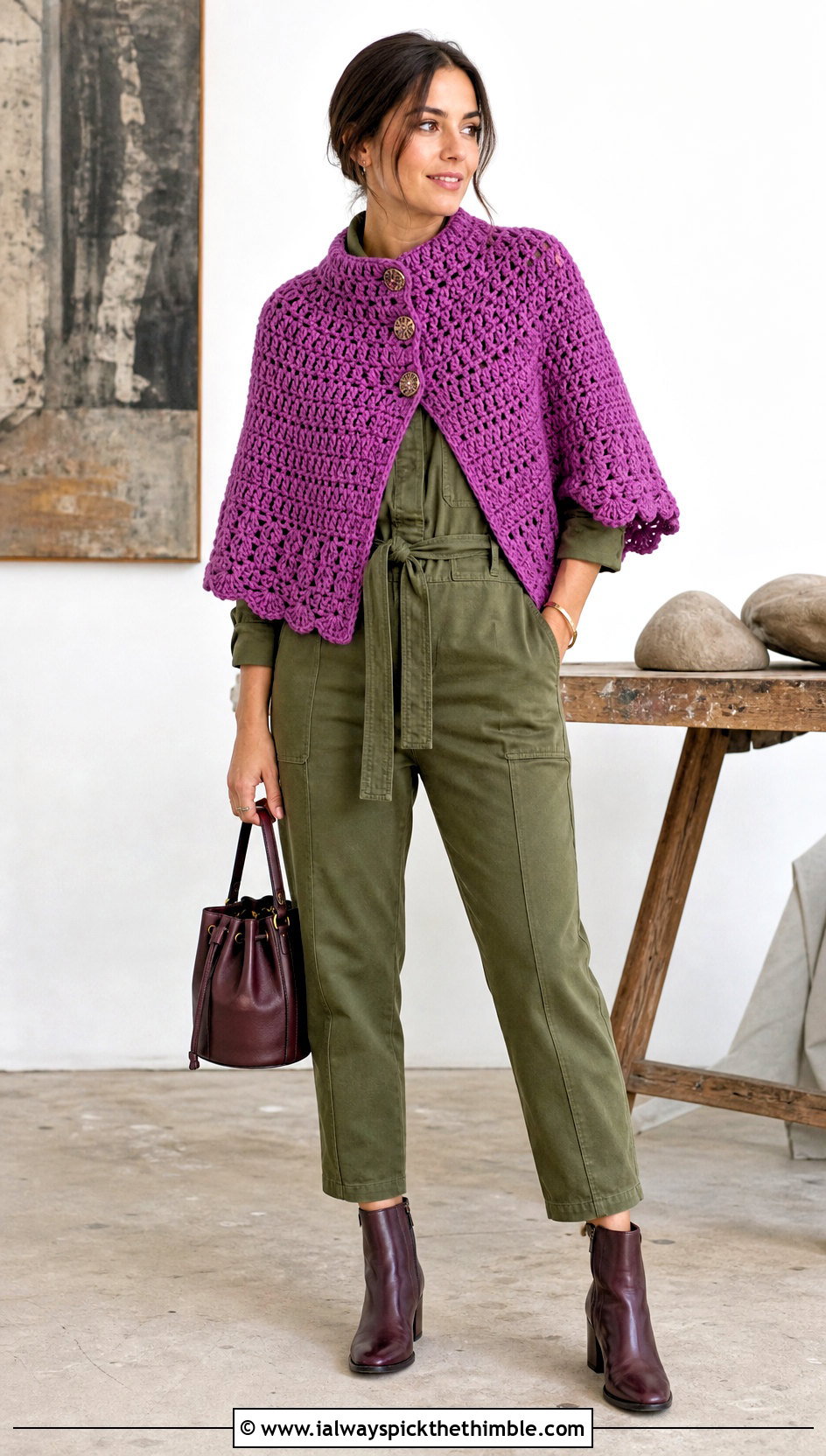 Buttoned Shawl Crochet Poncho With Utility Jumpsuit - 25 crochet poncho woman outfit ideas