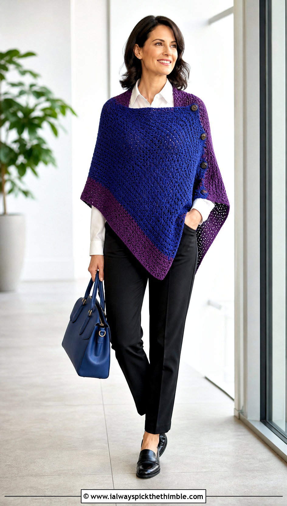 Buttoned Shawl Crochet Poncho With White Shirt And Trousers - 20 crochet poncho for women outfit ideas