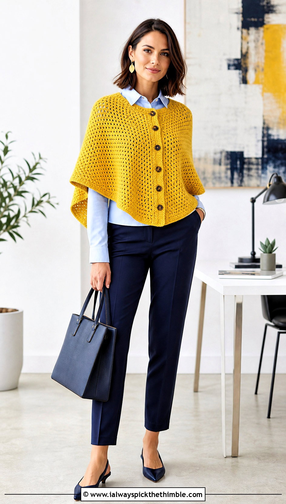 Buttoned Shawl Crocheted Poncho With Tailored Trousers - 15 Crocheted Poncho outfit ideas