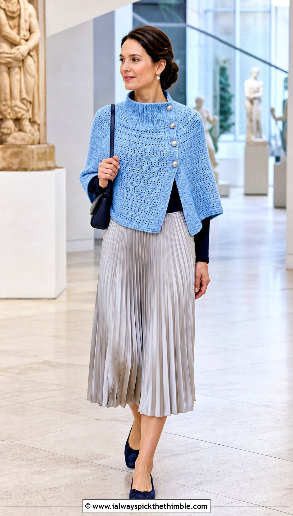 Buttoned Shawl Poncho Sweater With Pleated Skirt - 25 crochet poncho sweater outfit ideas