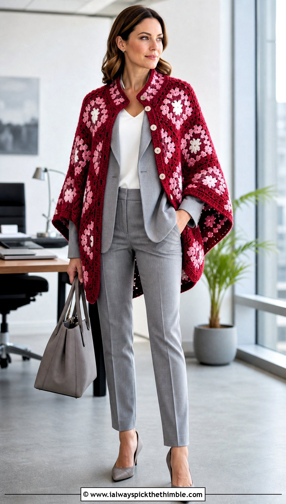 Buttoned Shawl Style Granny Square Poncho With Trouser Suit - 25 crochet granny square poncho outfit ideas