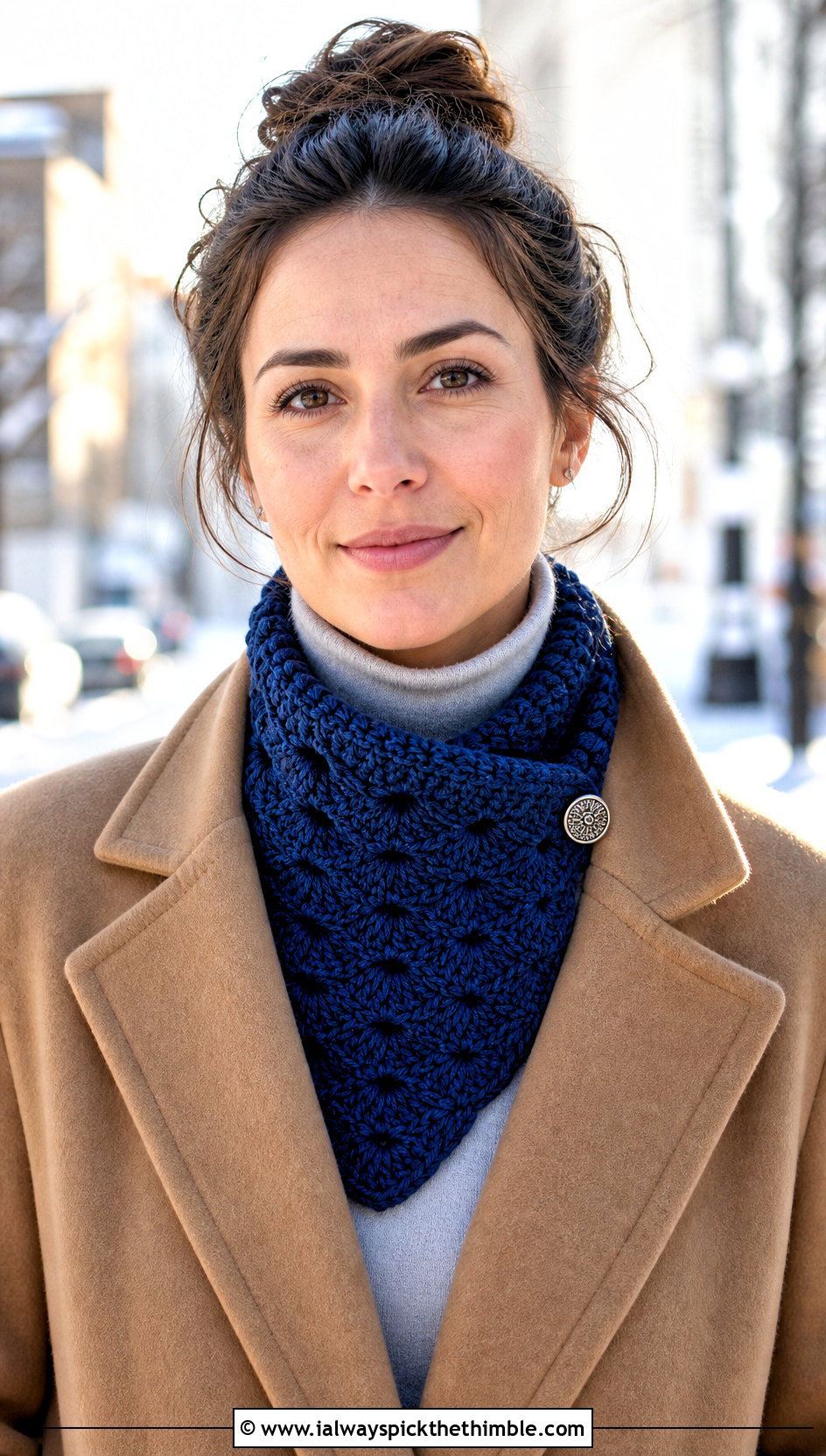 Buttoned Shell Stitch Neckwarmer With Wool Coat And Boots - 20 Shell Crochet Scarf outfit ideas