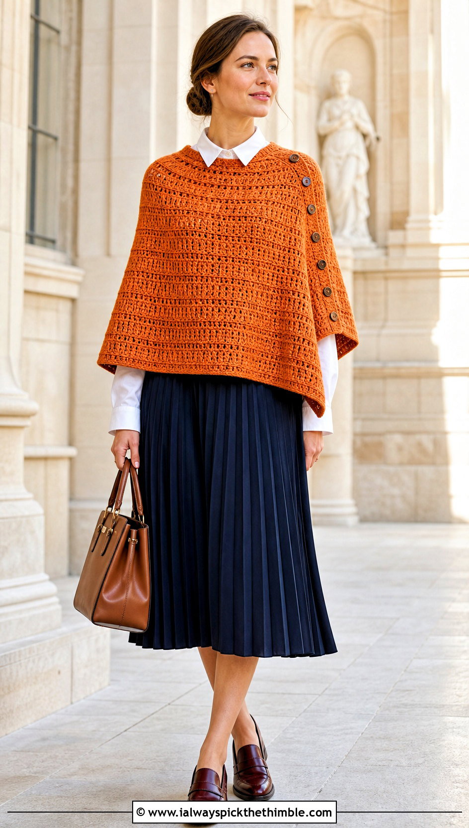Buttoned Shoulder Rectangle Crochet Poncho With Pleated Midi Skirt - 15 Easy Crochet Poncho From A Rectangle outfit ideas