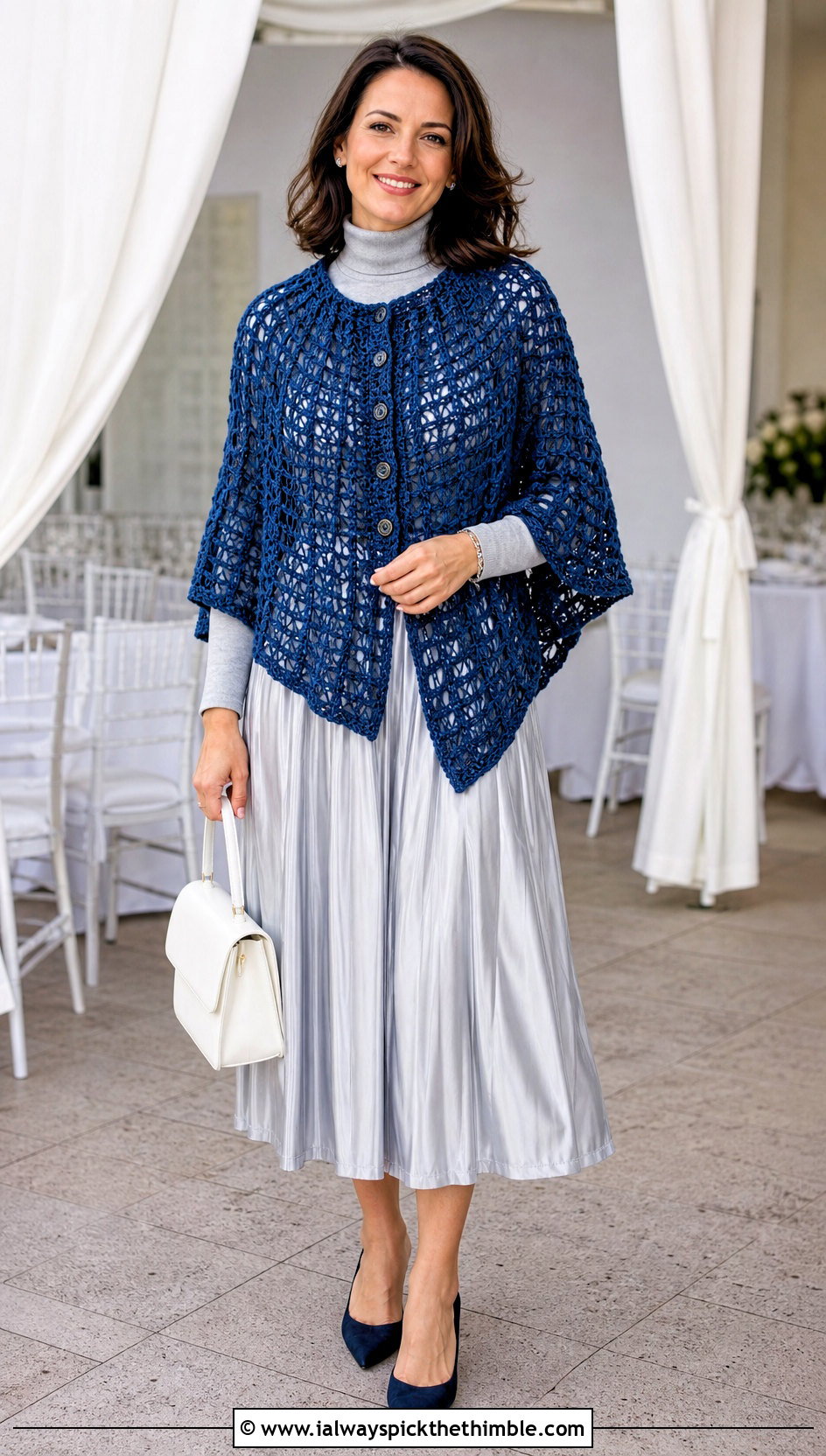 Buttoned Spider Web Crochet Poncho With Pleated Midi Skirt - 20 Spider Web Crochet Poncho outfit ideas