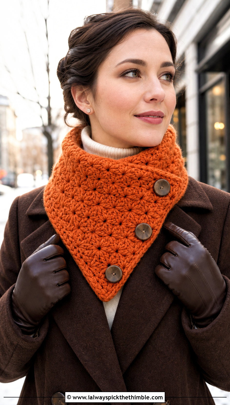 Buttoned Star Stitch Neck Warmer With Wool Coat - 20 Crochet Star Stitch Scarf outfit ideas