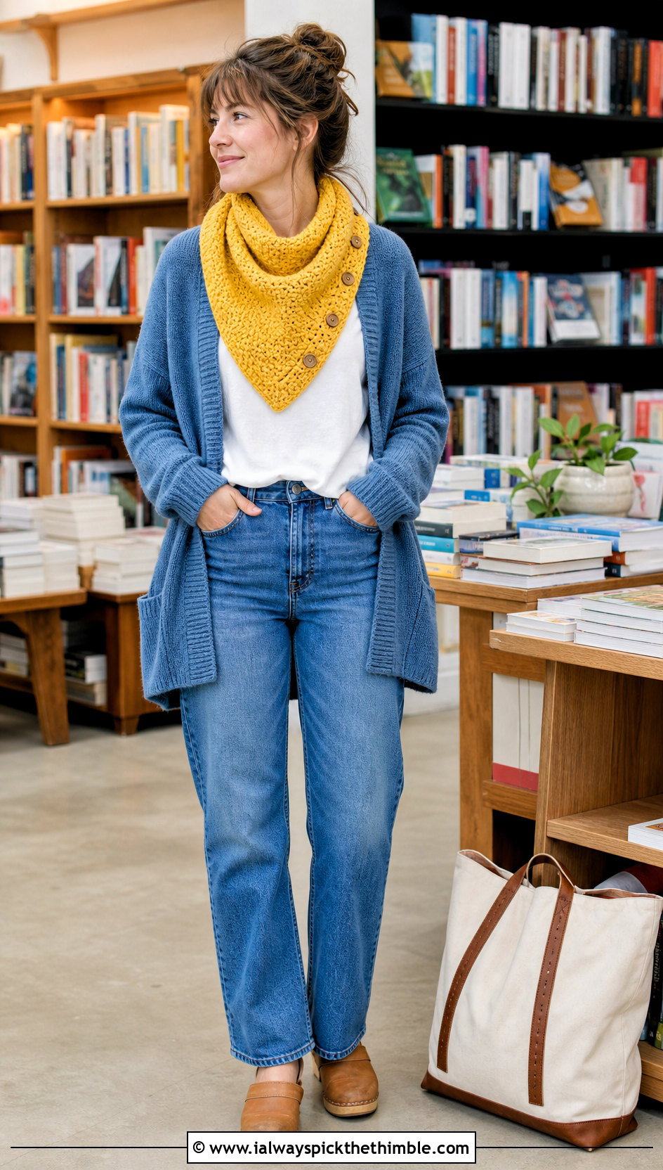 Buttoned Triangle Cowl With Cardigan And Jeans - 20 crochet triangle cowl outfit ideas