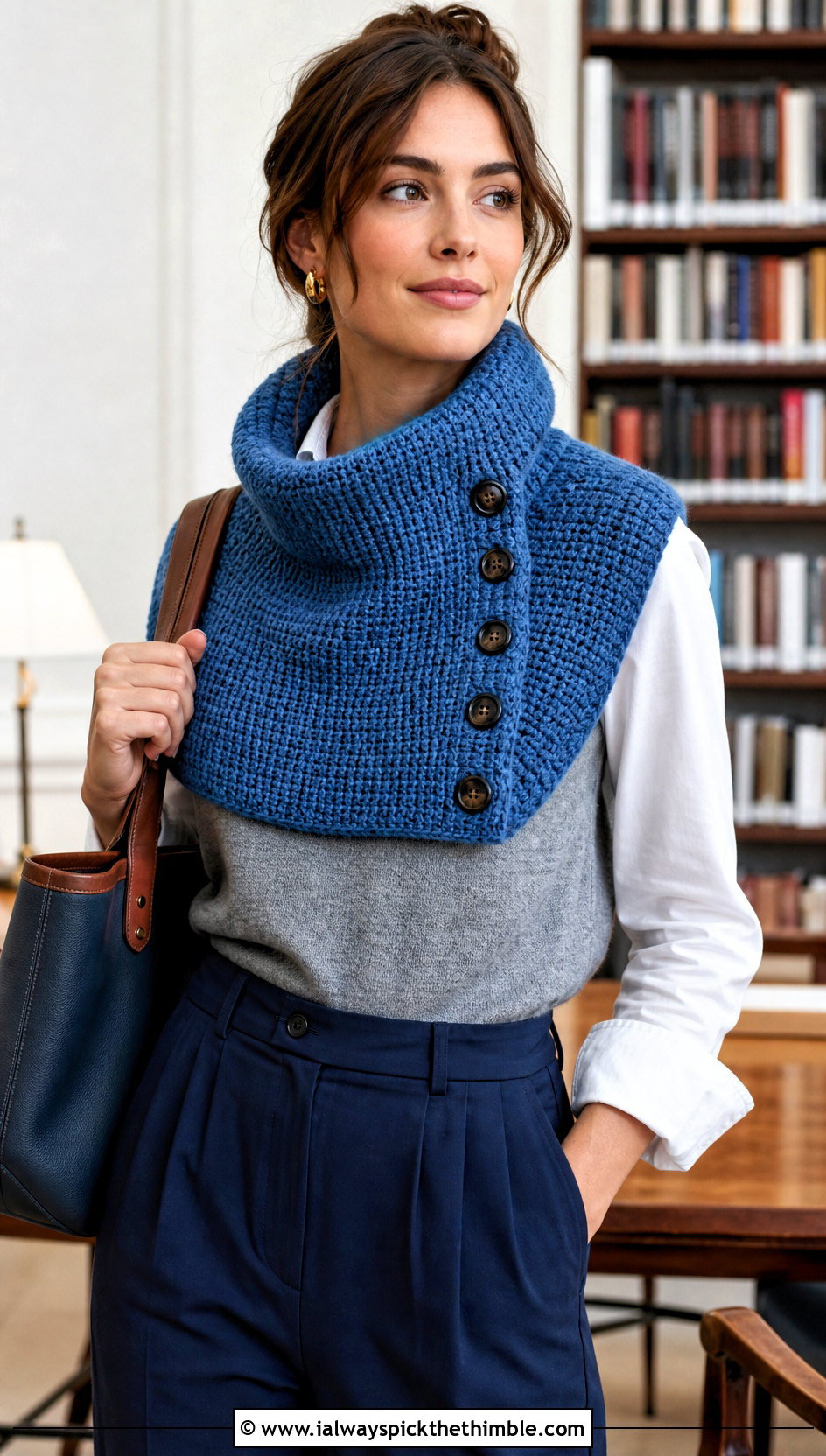 Buttoned Tunisian Cowl With Shirt And Trousers - 15 Tunisian Crochet Cowl outfit ideas