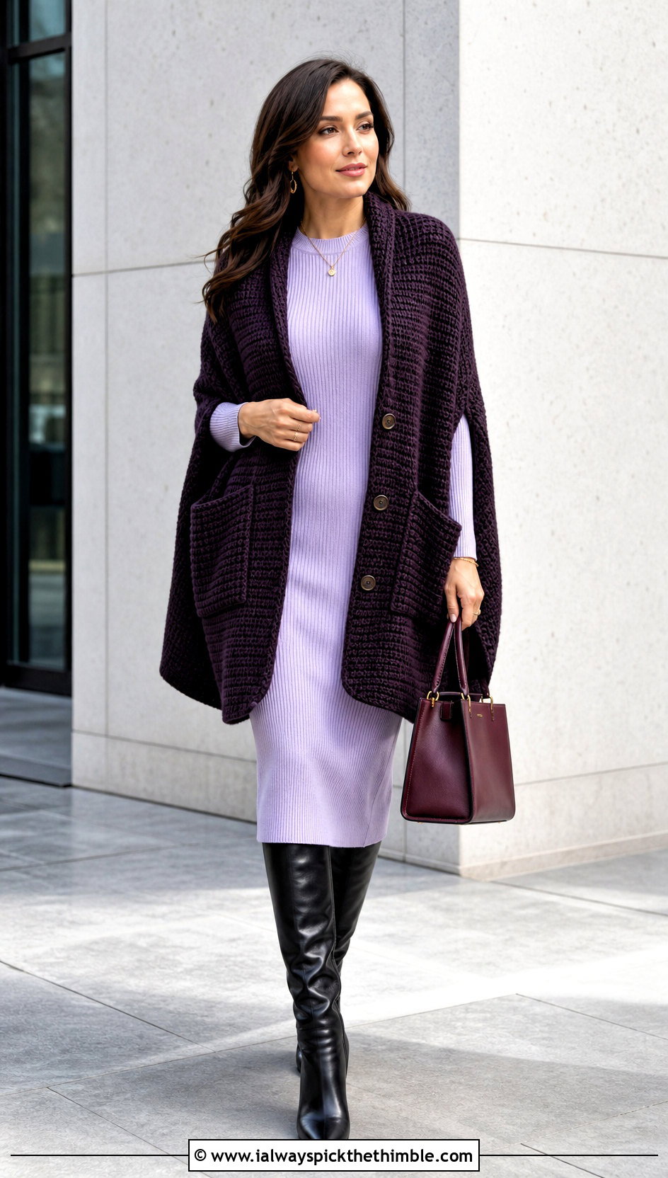 Buttoned Tunisian Crochet Pocket Shawl With Knit Dress - 15 Tunisian Crochet Pocket Shawl outfit ideas