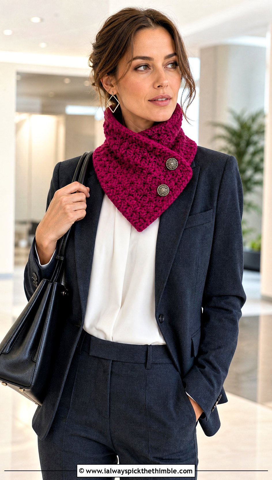 Buttoned Velvet Crochet Neck Warmer With Pantsuit - 20 Velvet Crochet Scarf outfit ideas