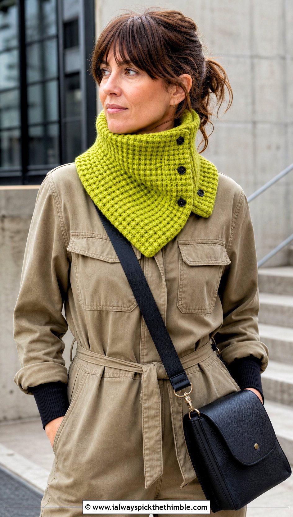 Buttoned Waffle Neck Warmer With Utility Jumpsuit And Boots - 20 Waffle Crochet Scarf outfit ideas