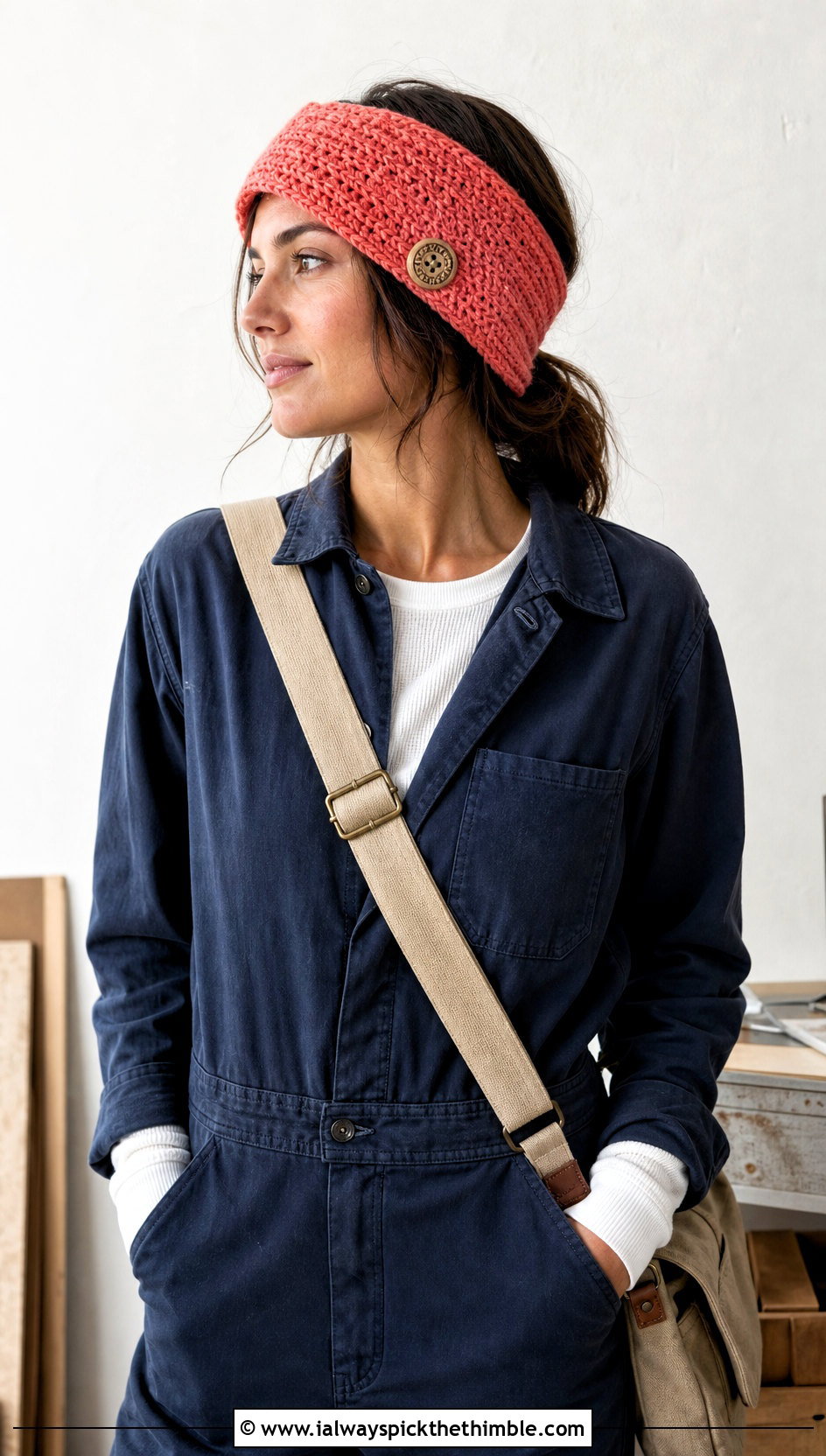 Buttoned Wide Crochet Ear Warmer With Utility Jumpsuit - 15 Wide Crochet Ear Warmer outfit ideas