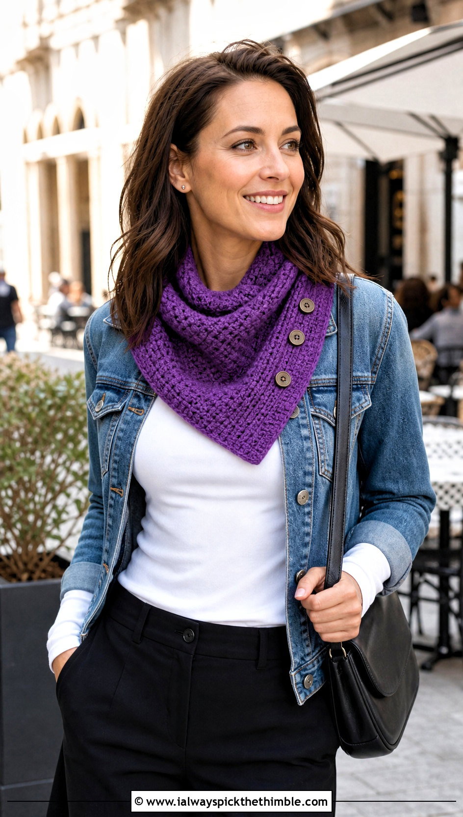 Buttoned Wrap Crochet Cowl With Denim Jacket - 15 Crochet For Cowl Scarf outfit ideas