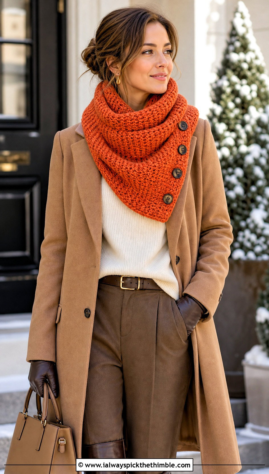 Buttoned Wrap Crochet Snood Scarf With Wool Coat - 20 crochet snood scarf outfit ideas