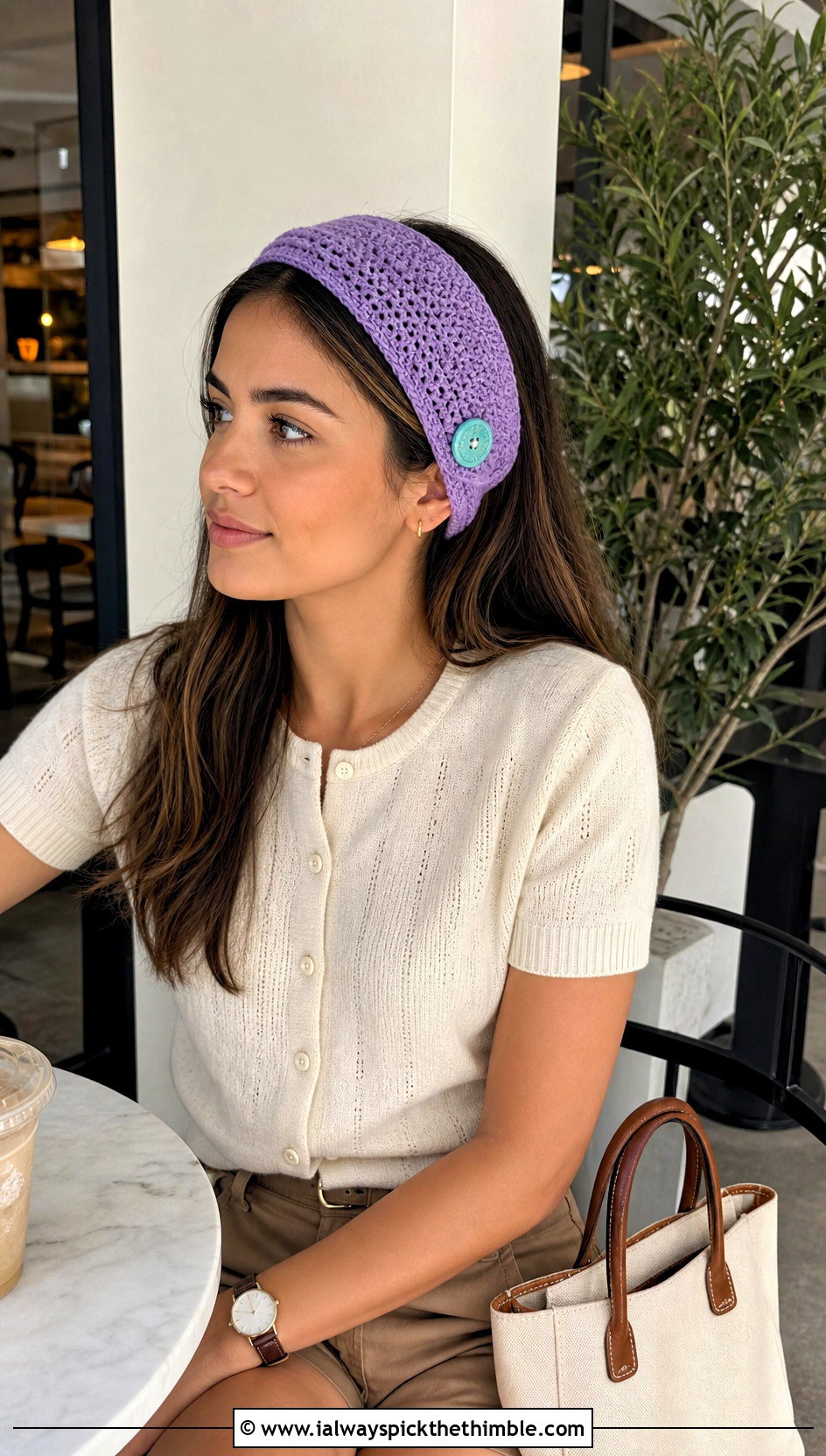 Buttoned Wrap Crochet Summer Headband With Cardigan And Shorts - 25 crochet summer headband outfit ideas