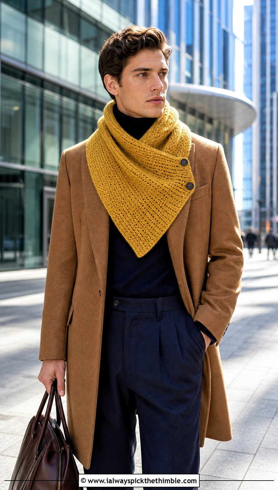 Buttoned Wrap Crochet Unisex Scarf With Wool Coat - 15 Crochet Unisex Scarf outfit ideas